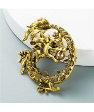 Three-dimensional Giant Dragon Rhinestone Inlaid Pattern Carving Design Hip-hop Fashion Brooch - Golden