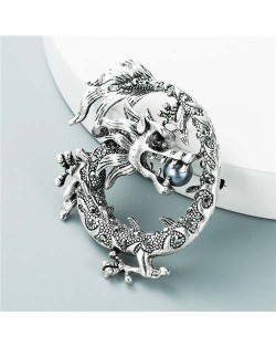 Three-dimensional Giant Dragon Rhinestone Inlaid Pattern Carving Design Hip-hop Fashion Brooch - Silver