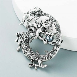 Three-dimensional Giant Dragon Rhinestone Inlaid Pattern Carving Design Hip-hop Fashion Brooch - Silver