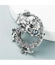 Three-dimensional Giant Dragon Rhinestone Inlaid Pattern Carving Design Hip-hop Fashion Brooch - Silver