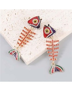 Fish Bone Shape Rhinestone Inlaid Pendant Women Oil-spot Glazed Wholesale Dangle Earrings - Red