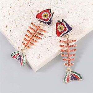 Fish Bone Shape Rhinestone Inlaid Pendant Women Oil-spot Glazed Wholesale Dangle Earrings - Red