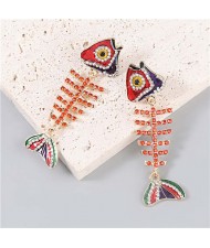 Fish Bone Shape Rhinestone Inlaid Pendant Women Oil-spot Glazed Wholesale Dangle Earrings - Red