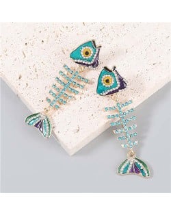 Fish Bone Shape Rhinestone Inlaid Pendant Women Oil-spot Glazed Wholesale Dangle Earrings - Blue