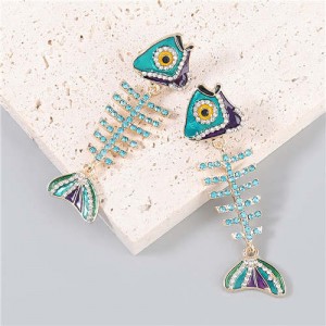 Fish Bone Shape Rhinestone Inlaid Pendant Women Oil-spot Glazed Wholesale Dangle Earrings - Blue