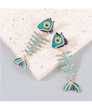 Fish Bone Shape Rhinestone Inlaid Pendant Women Oil-spot Glazed Wholesale Dangle Earrings - Blue