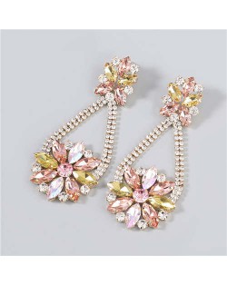 Korean Fashion Vintage Waterdrop Rhinestone Inlaid Floral Design Long Tassel Women Earrings - Champagne