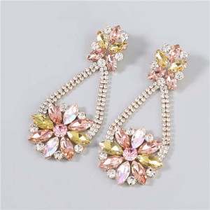 Korean Fashion Vintage Waterdrop Rhinestone Inlaid Floral Design Long Tassel Women Earrings - Champagne