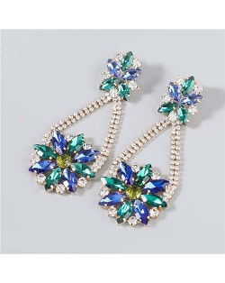 Korean Fashion Vintage Waterdrop Rhinestone Inlaid Floral Design Long Tassel Women Earrings - Blue