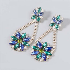 Korean Fashion Vintage Waterdrop Rhinestone Inlaid Floral Design Long Tassel Women Earrings - Blue