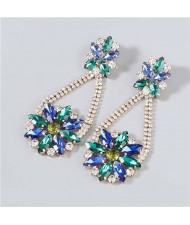 Korean Fashion Vintage Waterdrop Rhinestone Inlaid Floral Design Long Tassel Women Earrings - Blue