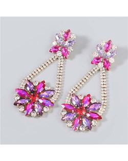 Korean Fashion Vintage Waterdrop Rhinestone Inlaid Floral Design Long Tassel Women Earrings - Rose