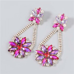 Korean Fashion Vintage Waterdrop Rhinestone Inlaid Floral Design Long Tassel Women Earrings - Rose