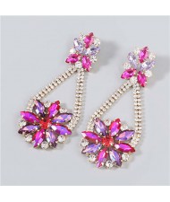 Korean Fashion Vintage Waterdrop Rhinestone Inlaid Floral Design Long Tassel Women Earrings - Rose