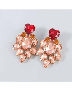 Shining Heart Shape Floral Waterdrop Glass Inlaid U.S. Bling Fashion Wholesale Boutique Trendy Earrings - Red