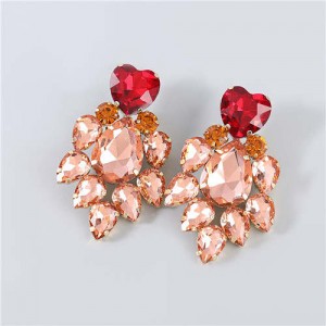 Shining Heart Shape Floral Waterdrop Glass Inlaid U.S. Bling Fashion Wholesale Boutique Trendy Earrings - Red