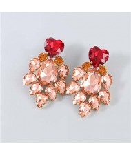 Shining Heart Shape Floral Waterdrop Glass Inlaid U.S. Bling Fashion Wholesale Boutique Trendy Earrings - Red