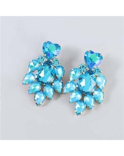 Shining Heart Shape Floral Waterdrop Glass Inlaid U.S. Bling Fashion Wholesale Boutique Trendy Earrings - Blue