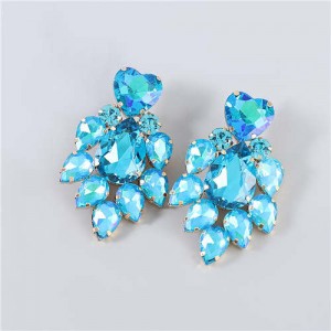 Shining Heart Shape Floral Waterdrop Glass Inlaid U.S. Bling Fashion Wholesale Boutique Trendy Earrings - Blue