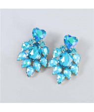 Shining Heart Shape Floral Waterdrop Glass Inlaid U.S. Bling Fashion Wholesale Boutique Trendy Earrings - Blue