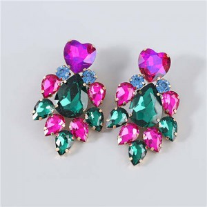 Shining Heart Shape Floral Waterdrop Glass Inlaid U.S. Bling Fashion Wholesale Boutique Trendy Earrings - Multicolor