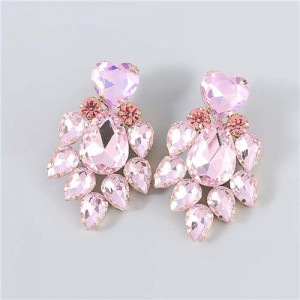 Shining Heart Shape Floral Waterdrop Glass Inlaid U.S. Bling Fashion Wholesale Boutique Trendy Earrings - Pink