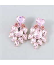 Shining Heart Shape Floral Waterdrop Glass Inlaid U.S. Bling Fashion Wholesale Boutique Trendy Earrings - Pink