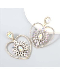 Heart Shape Rhinestone Embellished Hollow Design Boutique Fashion Women Alloy Wholesale Earrings - Luminous White
