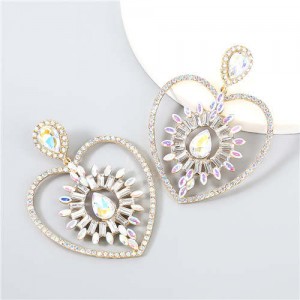 Heart Shape Rhinestone Embellished Hollow Design Boutique Fashion Women Alloy Wholesale Earrings - Luminous White