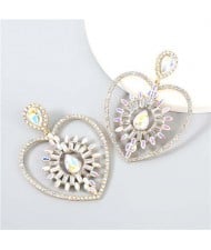 Heart Shape Rhinestone Embellished Hollow Design Boutique Fashion Women Alloy Wholesale Earrings - Luminous White