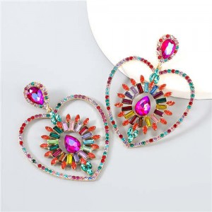 Heart Shape Rhinestone Embellished Hollow Design Boutique Fashion Women Alloy Wholesale Earrings - Multicolor