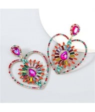 Heart Shape Rhinestone Embellished Hollow Design Boutique Fashion Women Alloy Wholesale Earrings - Multicolor