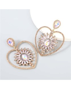 Heart Shape Rhinestone Embellished Hollow Design Boutique Fashion Women Alloy Wholesale Earrings - Golden