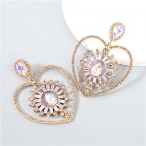 Heart Shape Rhinestone Embellished Hollow Design Boutique Fashion Women Alloy Wholesale Earrings - Golden