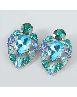 Colorful Rhinestone Floral Waterdrop Geometric Design Women Wholesale Costume Earrings - Blue
