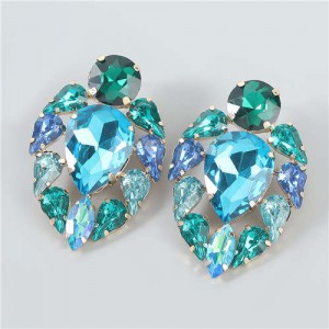 Colorful Rhinestone Floral Waterdrop Geometric Design Women Wholesale Costume Earrings - Blue