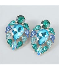 Colorful Rhinestone Floral Waterdrop Geometric Design Women Wholesale Costume Earrings - Blue