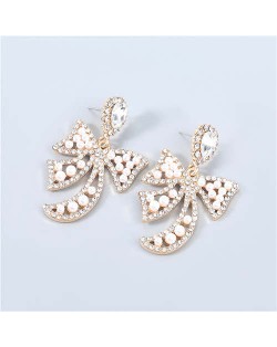 Korean Style Hollow-out Bow-knot Artificial Pearl Embellished Design Graceful Pendant Wholesale Earrings - Golden