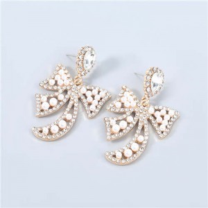 Korean Style Hollow-out Bow-knot Artificial Pearl Embellished Design Graceful Pendant Wholesale Earrings - Golden