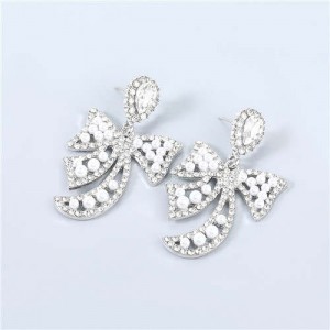 Korean Style Hollow-out Bow-knot Artificial Pearl Embellished Design Graceful Pendant Wholesale Earrings - Silver