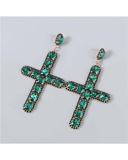 Rhinestone Embellished Cross Pendant Design High Fashion Women Wholesale Statement Earrings - Green