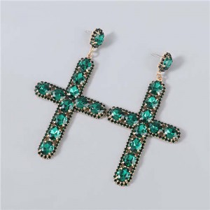 Rhinestone Embellished Cross Pendant Design High Fashion Women Wholesale Statement Earrings - Green