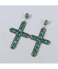 Rhinestone Embellished Cross Pendant Design High Fashion Women Wholesale Statement Earrings - Green