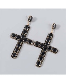 Rhinestone Embellished Cross Pendant Design High Fashion Women Wholesale Statement Earrings - Black