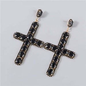 Rhinestone Embellished Cross Pendant Design High Fashion Women Wholesale Statement Earrings - Black