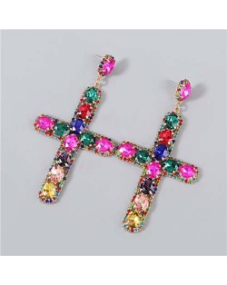 Rhinestone Embellished Cross Pendant Design High Fashion Women Wholesale Statement Earrings - Multicolor