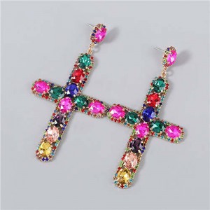 Rhinestone Embellished Cross Pendant Design High Fashion Women Wholesale Statement Earrings - Multicolor