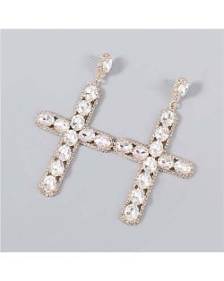 Rhinestone Embellished Cross Pendant Design High Fashion Women Wholesale Statement Earrings - Golden