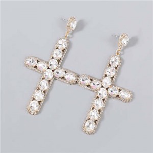 Rhinestone Embellished Cross Pendant Design High Fashion Women Wholesale Statement Earrings - Golden