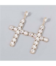 Rhinestone Embellished Cross Pendant Design High Fashion Women Wholesale Statement Earrings - Golden